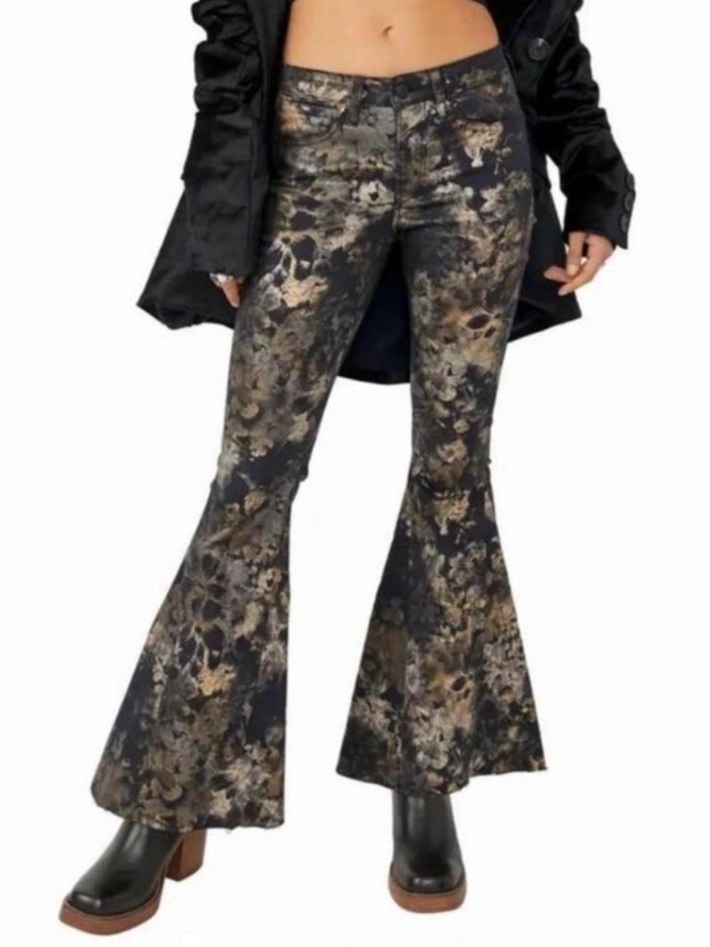 Free People Inferno Flare Jeans in Metallic Black & Gold Floral NWOT